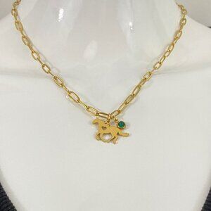Paperclip Necklace with Horse and Birthstone